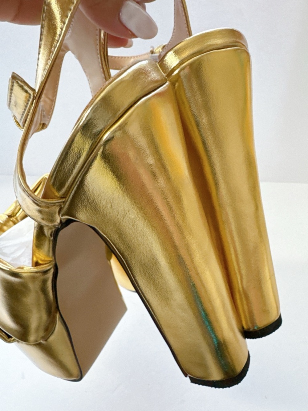 Size 7 FSJ Gold Bow Platform Heels Women’s Metallic Slingback Pumps Party Shoes - Picture 12 of 14